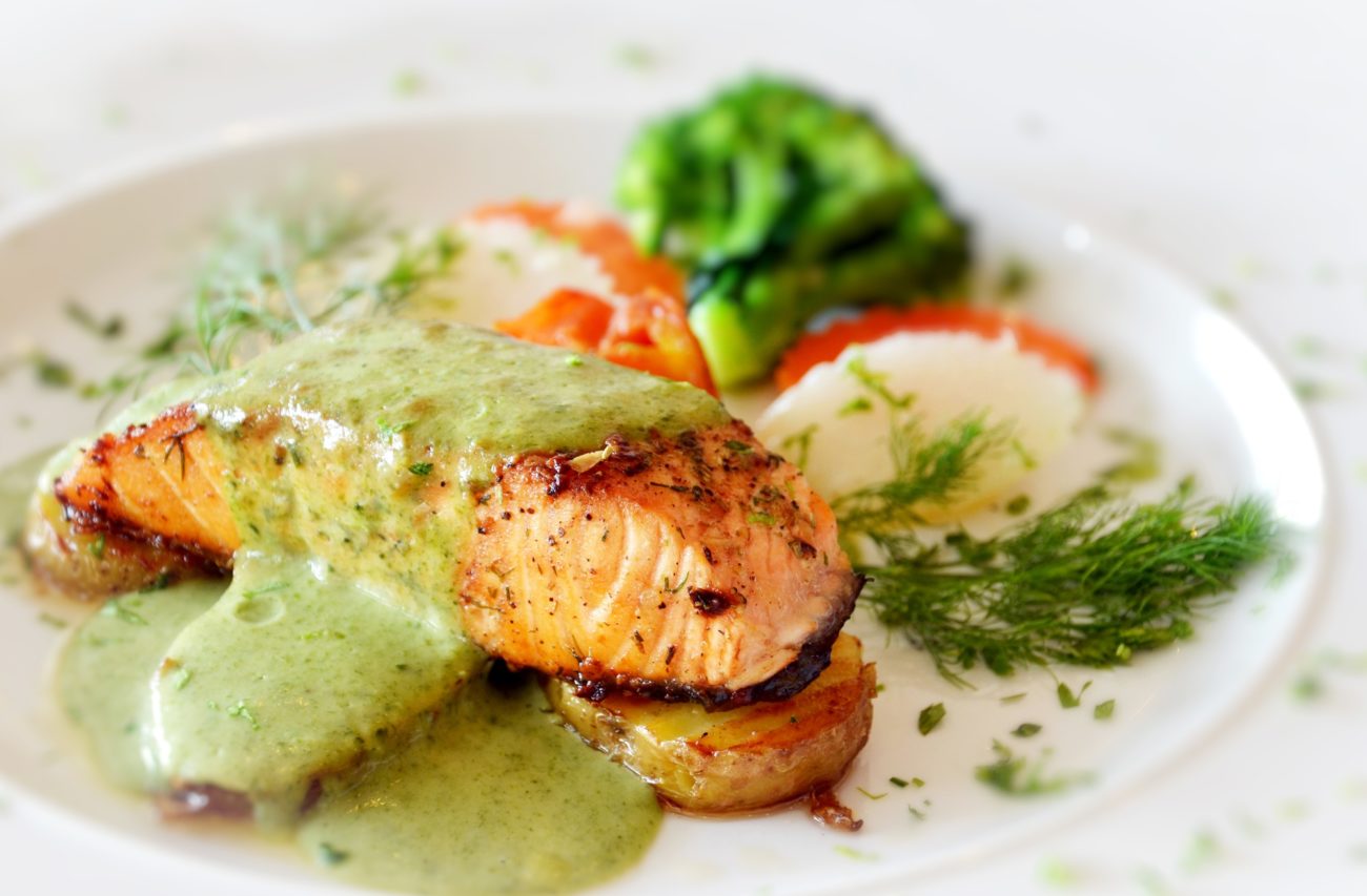 Seared Salmon Steaks with Green Ginger Sauce