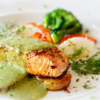 salmon green sauce flipped